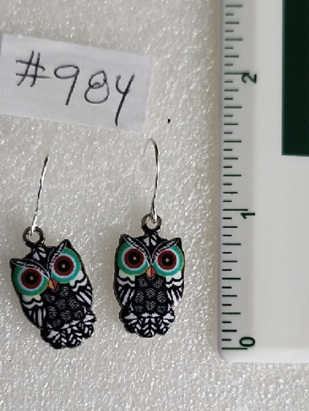 Hand Crafted Black Owl Earrings with Teal and Red Accents - Picture 2 of 3